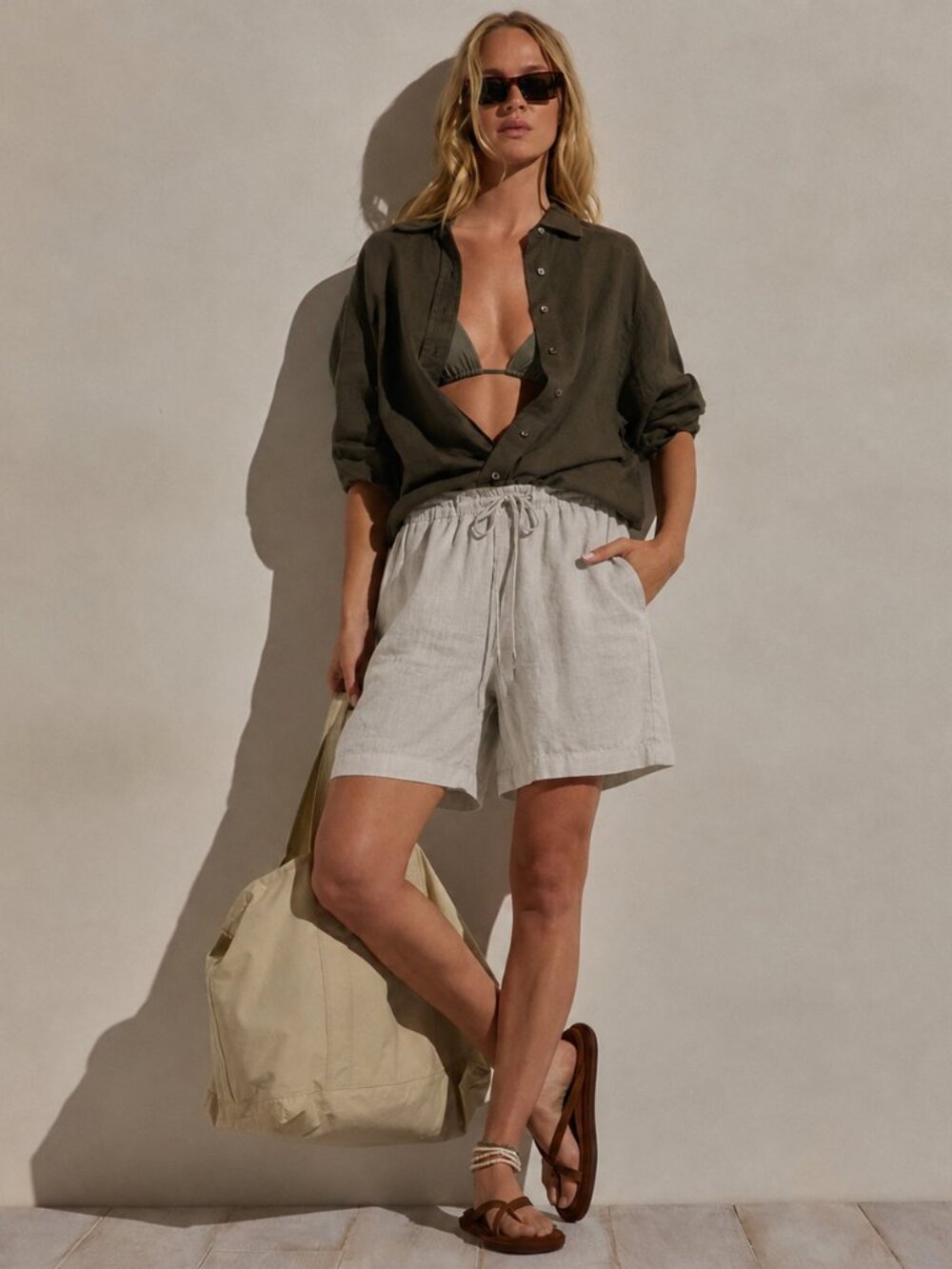 James Perse Stone Linen Drawstring Bermuda Shorts Women's Size 2 Medium